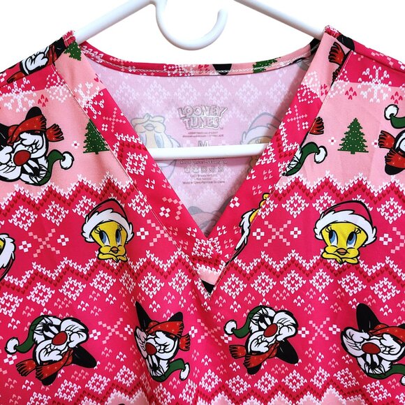 NEW Looney Tunes Tweety Bird and Sylvester the Cat Pink Christmas Scrub Top Sz M - Picture 2 of 12